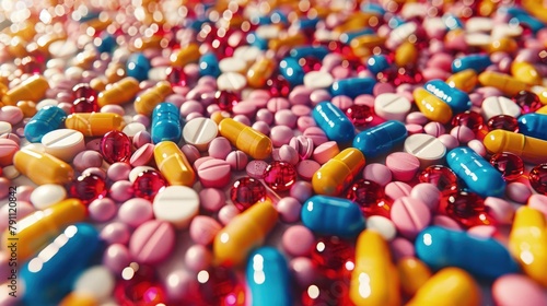 Colorful array of medical pills and capsules spread out on a white background