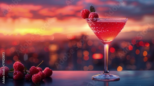 Cosmopolitan with a cranberry hue, in a frosted glass, city skyline background photo