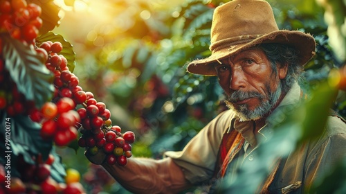 Colombian coffee farmer inspecting ripe coffee cherries in a lush Andean mountainside plantation photo