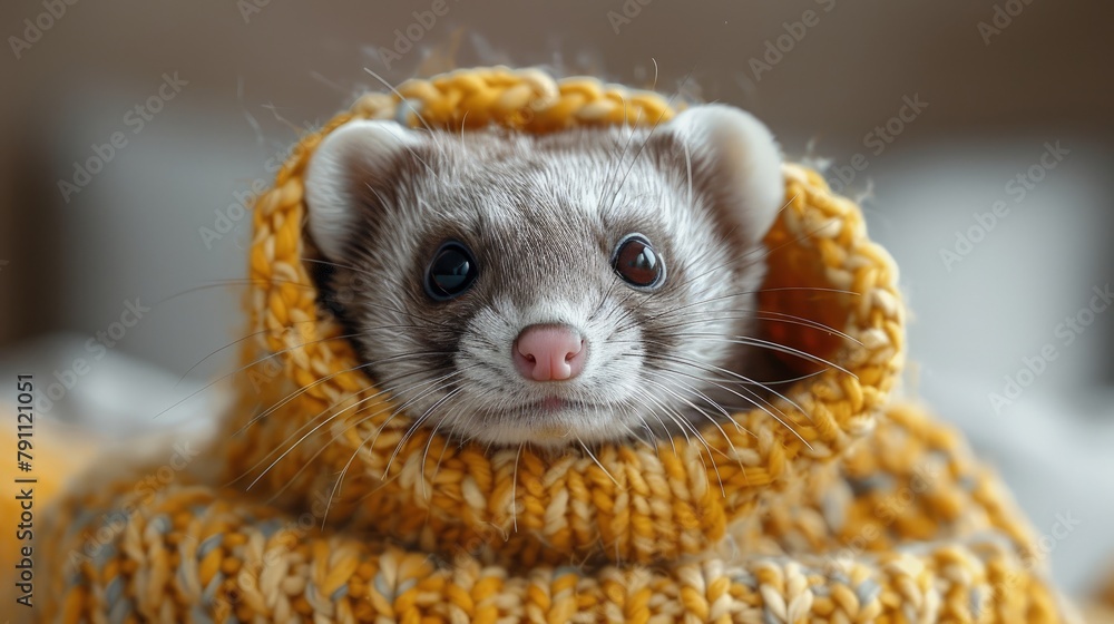 Ferret peeking out of a knitted sweater, playful, curious Ferret peeking out of a knitted sweater, playful, curious