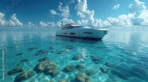 Electric luxury yacht on clear waters, sustainable marine travel © Gefo