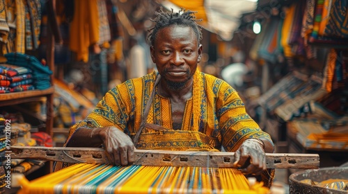 Ghanaian kente cloth weaver at his loom in a busy market, vibrant patterns emerging photo