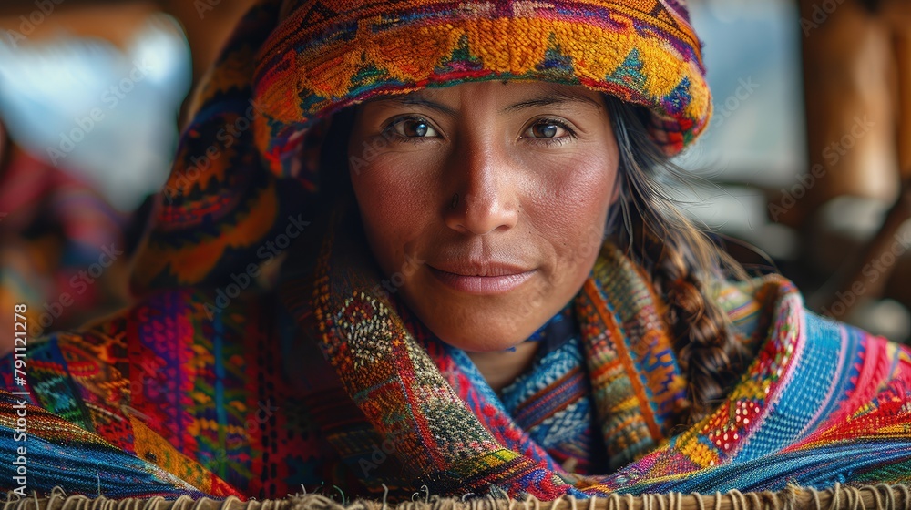 Peruvian woman weaving colorful textiles in a traditional village in the Sacred Valley