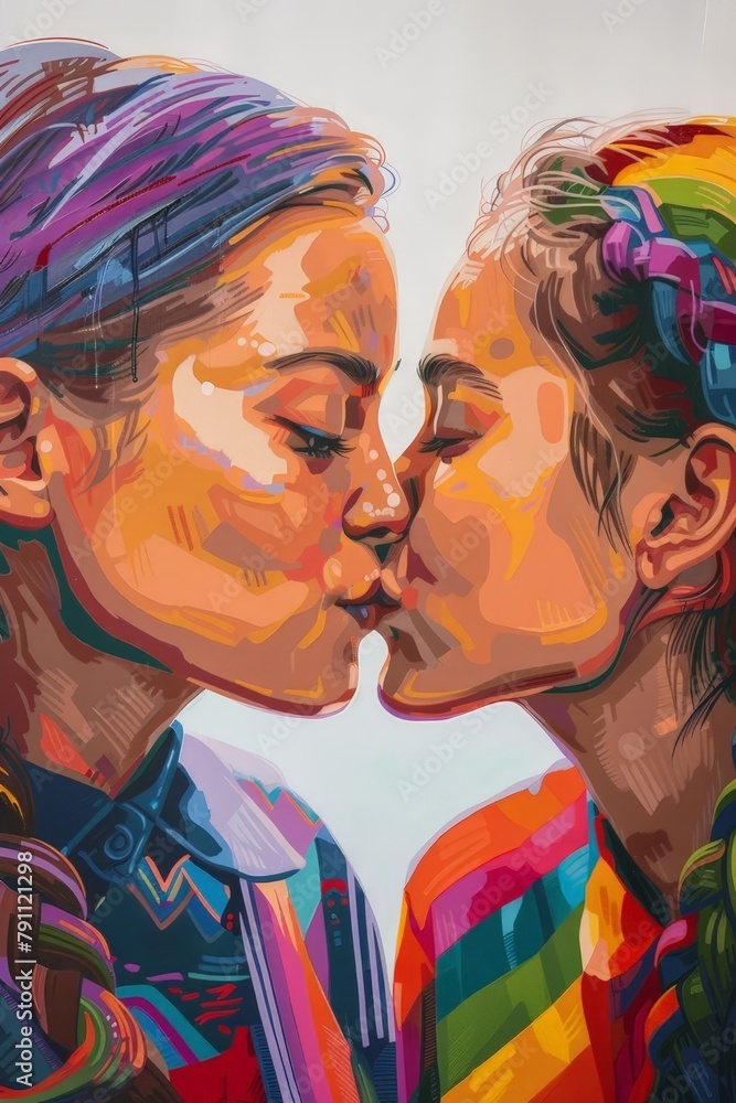 Vibrant Mural, A vibrant mural captures two women sharing a tender kiss, their faces painted in bold colors, symbolizing love, connection, and diversity within the LGBTQ+ community