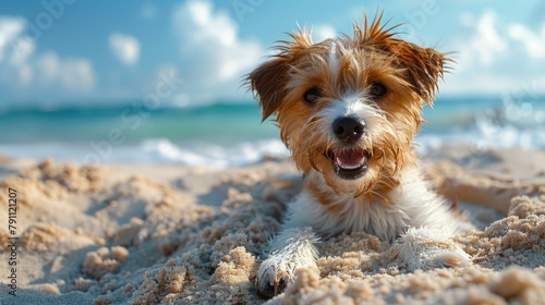 Jack Russell terrier digging in the sand, excited, beach day