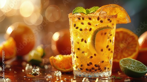 Passion fruit caipirinha, vibrant orange, in a traditional glass photo