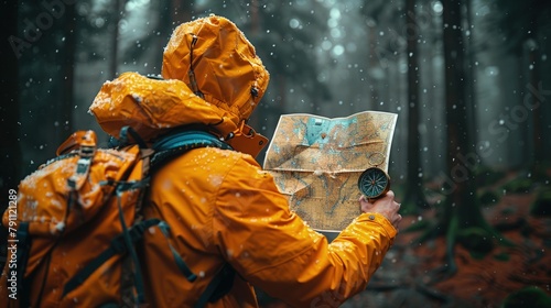 Orienteer with map and compass in forest, navigation skill highlight photo