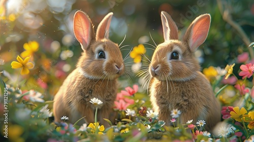Pair of dwarf rabbits in a spring meadow, joyful