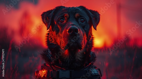 Rottweiler in a police vest, serious, guarding a night scene photo