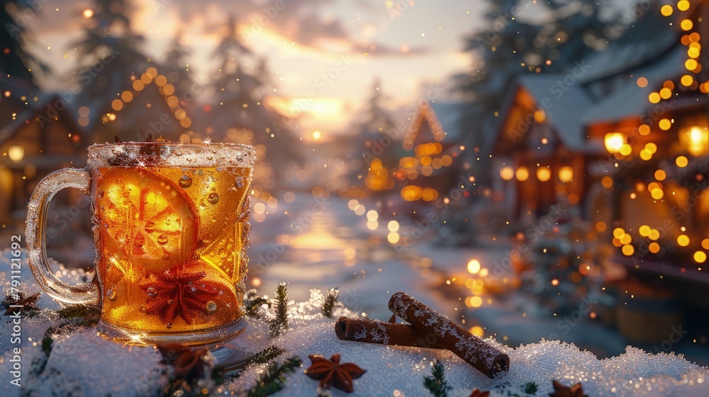 Spiced rum hot toddy, cinnamon stick, in a clear mug, snowy evening Spiced rum hot toddy, cinnamon stick, in a clear mug, snowy evening