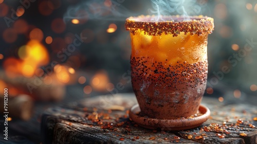Smoky mezcal cocktail, with a rim of spicy salt, in a rustic clay cup