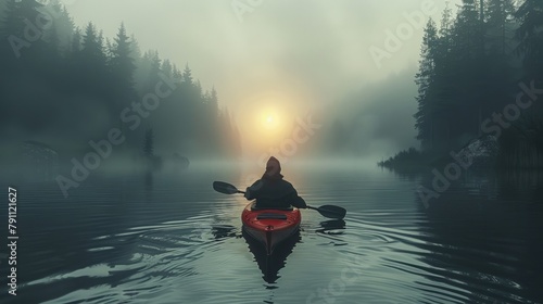 Solo kayaker on a calm river, foggy morning, reflective water, peaceful