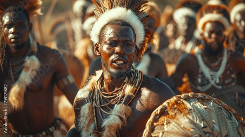 South African Zulu warriors performing a victory dance in traditional gear at a rural festival