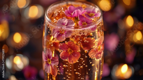 Sparkling prosecco cocktail, with floating edible flowers, in a flute