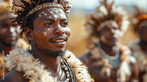 South African Zulu warriors performing a victory dance in traditional gear at a rural festival photo