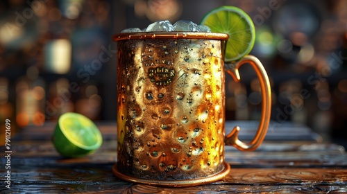 Spiced rum and ginger beer, with a lime wedge, in a copper mug photo