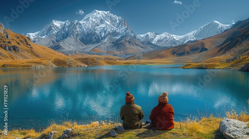 Tajik mountaineers in traditional wool hats resting beside a turquoise lake in the Pamirs photo