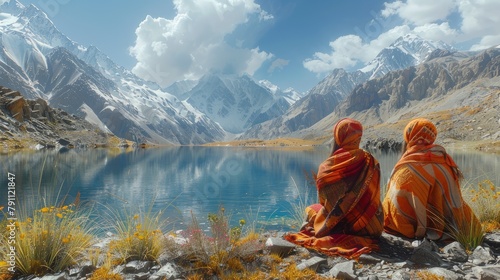 Tajik mountaineers in traditional wool hats resting beside a turquoise lake in the Pamirs