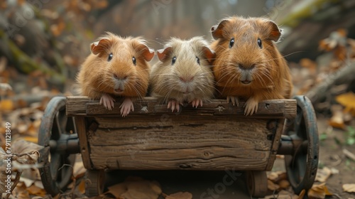 Trio of guinea pigs in a small wooden cart, garden adventure