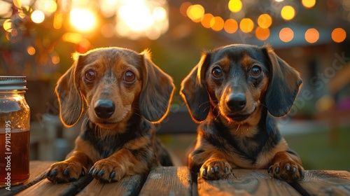 Two dachshunds in a festive backyard party, string lights, evening photo