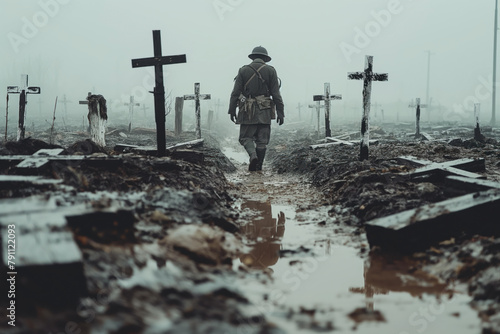 Soldier among graves in misty field. A lone soldier in World War I uniform walking by weathered crosses in a foggy, muddy graveyard, evoking a somber remembrance of fallen comrades