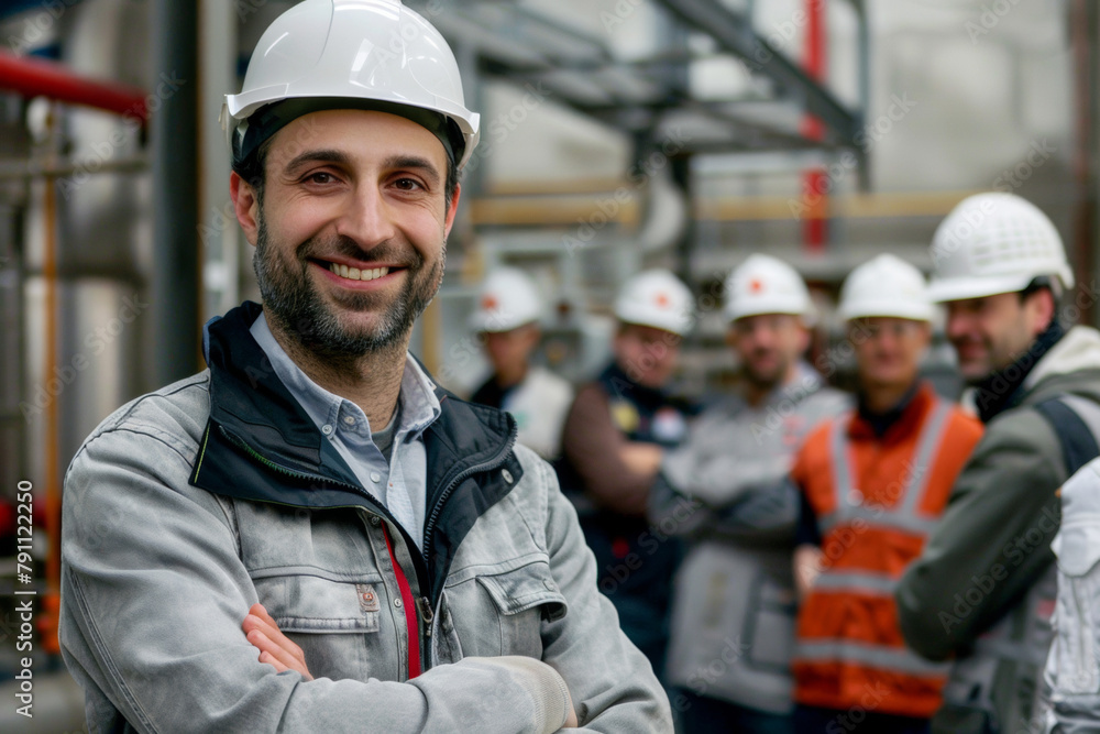 Successful male engineer at the workplace wearing a helmet with crossed arms, workers in the background Successful male engineer at the workplace wearing a helmet with crossed arms, workers in the background