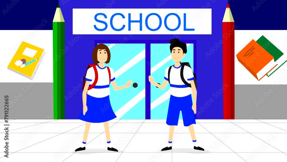 Animation of a boy and a girl in school clothes with the school in the background. Animation of a boy and a girl in school clothes with the school in the background.