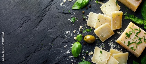 Food arrangement featuring parmesan cheese, fresh herbs, and olives on a dark slate surface. Ample space for text placement.