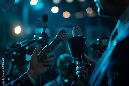 Politician is giving an interview to the media, holding microphones and cameras in their hands.