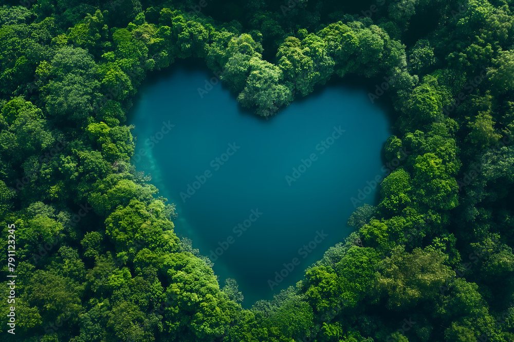 Top view of a Lake in green Woods, Lake in shape of an heart Top view of a Lake in green Woods, Lake in shape of an heart