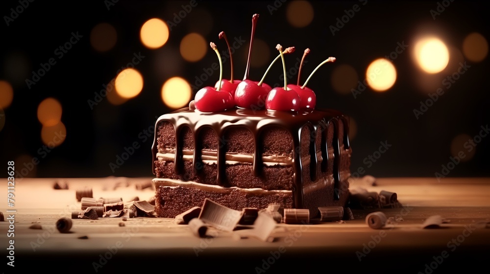 Chocolate cake with cherries on a wooden table, dark background