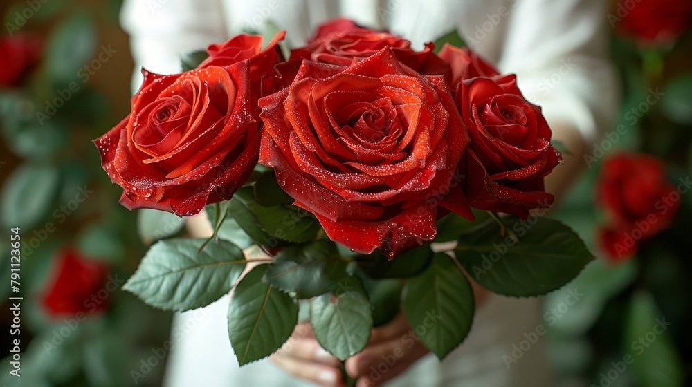 Obraz premium A person closely holds a bouquet of red roses, their petals glistening with water droplets, surrounded by verdant green leaves
