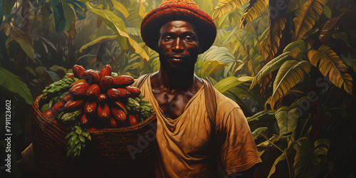 A portrait of the Cocoa harvester man working in the jungle holding cocoa seeds in him hand