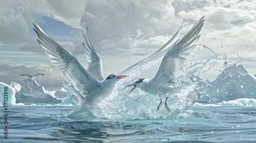 Medium sized sea birds known as terns are able to plunge into the water to catch fish