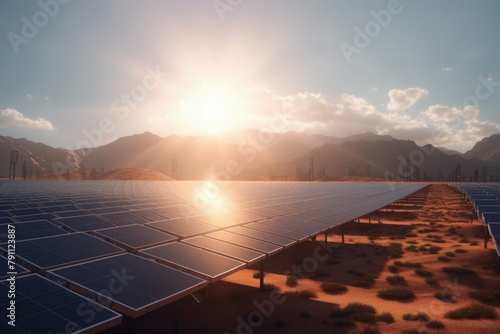 Solar Panel Farm in Arid Desert Landscape, Renewable Energy Concept