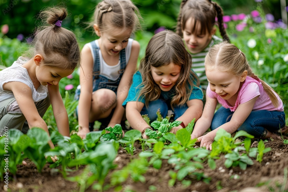 Group of kindergarten kids friends gardening Group of kindergarten kids friends gardening