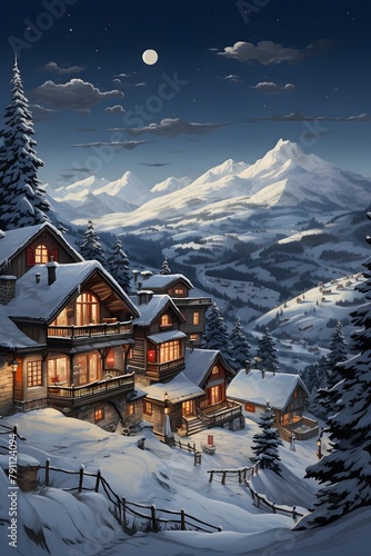 Winter landscape with a chalet in the mountains at night.