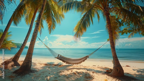 Hammock Hanging Between Two Palm Trees on a Beach © yganko
