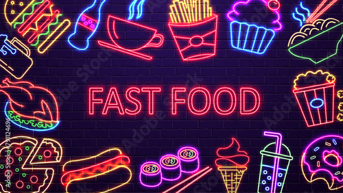 A web banner with a neon burger, sushi, soda, beer, donut, hot dog and French fries. A concept for fast food and cafes.