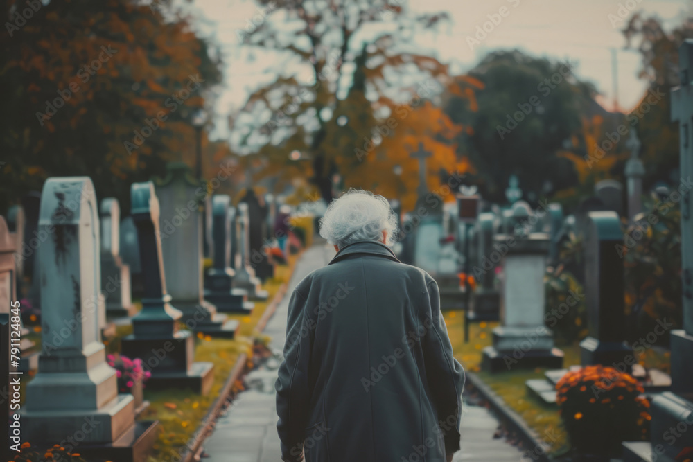 Fototapeta premium Elderly person walking through a cemetery. Cemetery is visited by elderly people. Generative AI