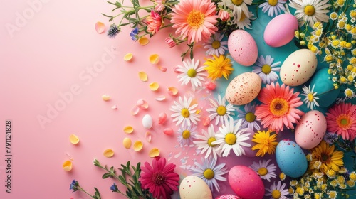 Celebrating Easter with eggs and flowers on a colored table Colorful naturally dyed eggs create a festive background from a top down perspective with space for text