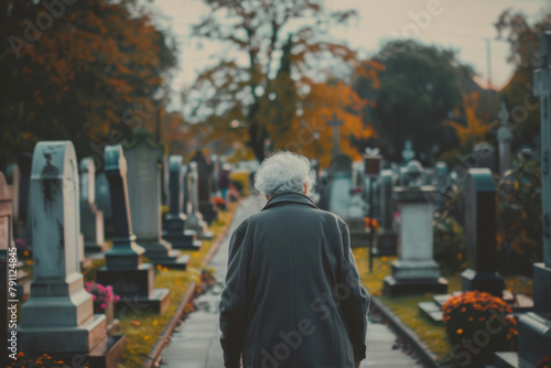 Elderly person walking through a cemetery. Cemetery is visited by elderly people. Generative AI photo