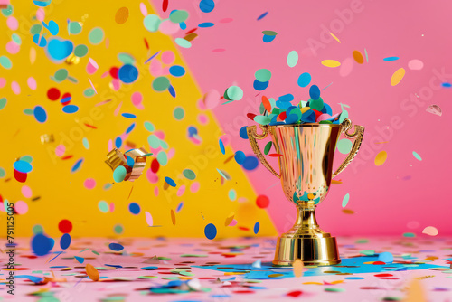 Gold trophy. Background with colorful serpentine and confetti. Generative AI