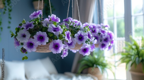   A window ledge holds a hanging basket filled with purple petunias Nearby rests a white sofa, accompanied by more potted plants