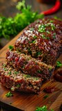 A meatloaf is sliced and sitting on a cutting board, AI