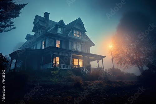 Eerie Atmosphere with Fog and Spooky Buildings on Halloween Night