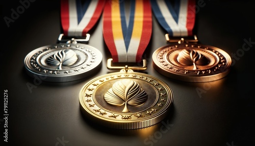 Trio of Medals With Ribbons Resting on a Dark Surface Signifying Achievement