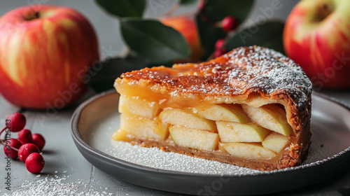   A slice of apple pie, dusted with powdered sugar, on a plate Two apples nearby A holly sprig beside them
