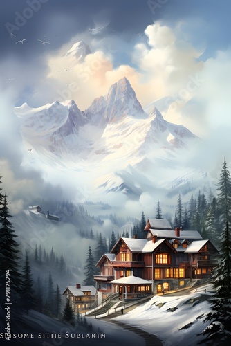 Winter mountain landscape with wooden house in the middle of the forest and mountains