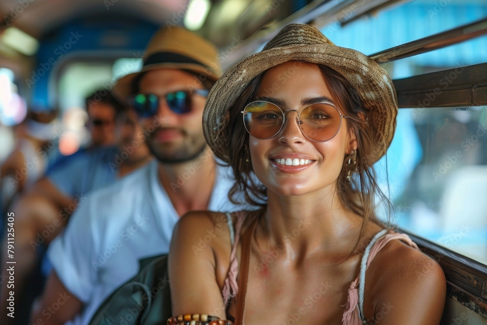 A trendy couple taking a selfie together on a bus showing happiness and leisure during a vibrant journey A trendy couple taking a selfie together on a bus showing happiness and leisure during a vibrant journey